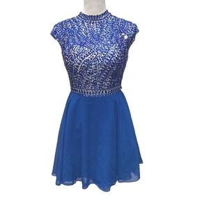 Izilady High Neck Beaded Bodice A Line Dress Sz 2 Royal Blue Open Back Cocktail